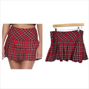Y2K 90s Royal Bones Mini Pleated‎ Red Tartan Plaid Skirt L Academia Punk Goth